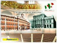Palazzi Montecitorio e Carignano sul foglietto per il 150° dell'Unità d'Italia