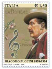 Chiave di violino ed una rosa sul francobollo per i 150 anni di Giacomo Puccini